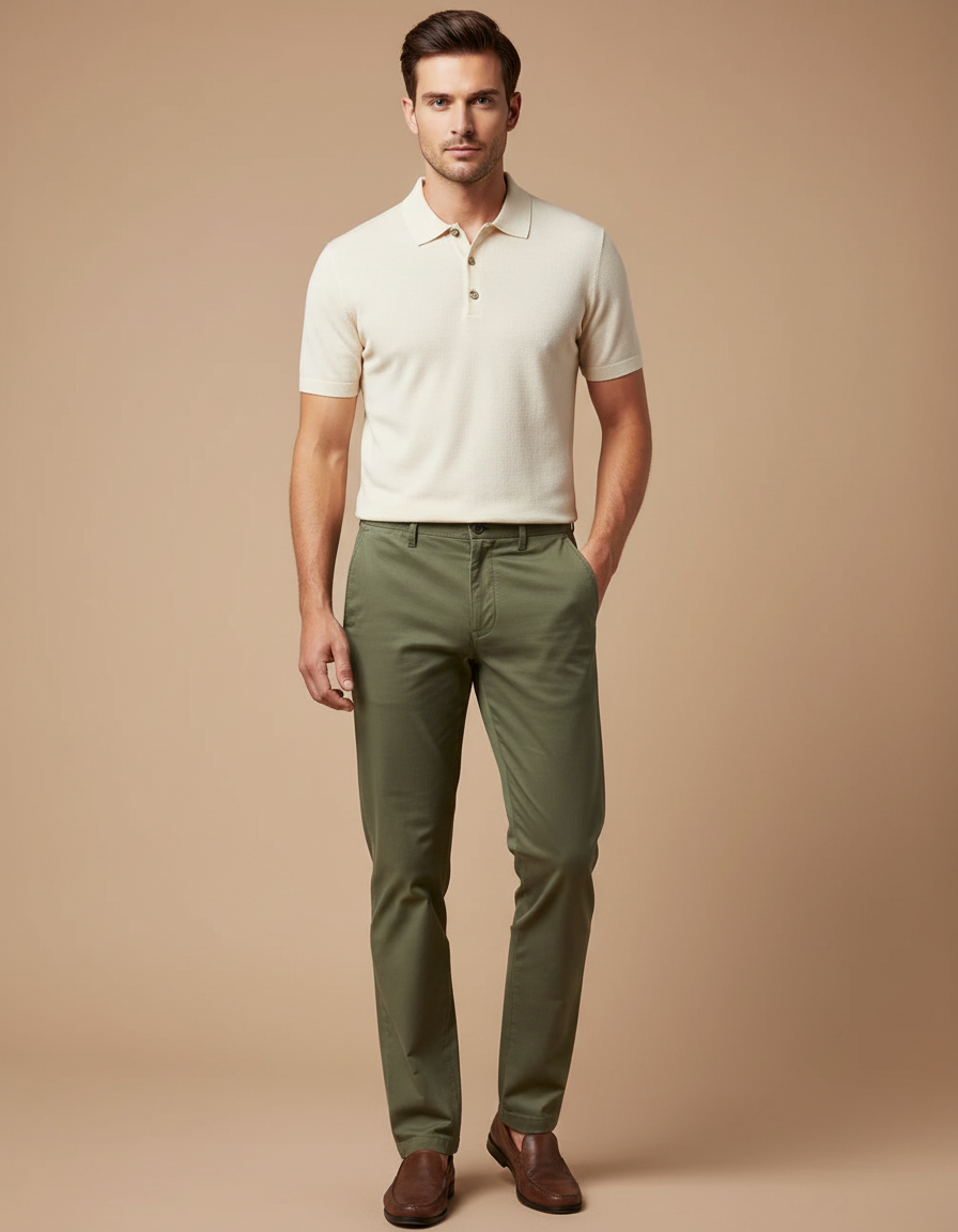Pantalon Chino Homme Vert Olive Coton Droit Élégant