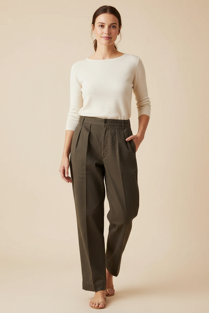 Pantalon Chino Kaki Coton Plissé Ample Décontracté
