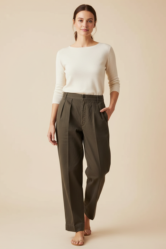 Pantalon Chino Kaki Coton Plissé Ample Décontracté