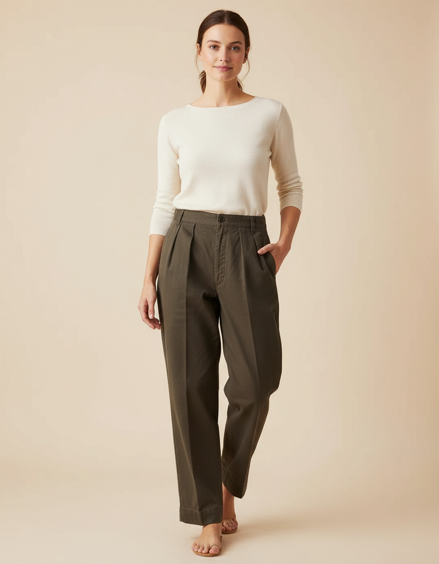Pantalon Chino Kaki Coton Plissé Ample Décontracté