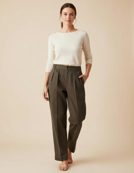 Pantalon Chino Kaki Coton Plissé Ample Décontracté