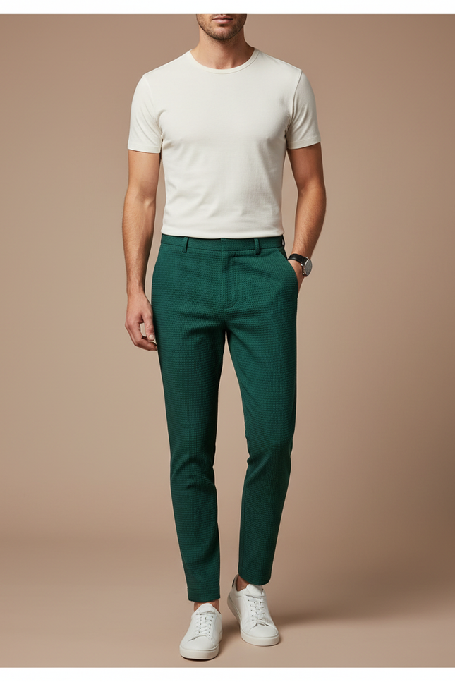 Pantalon Chino Vert Foncé Texturé Slim Élégant Homme - Coton