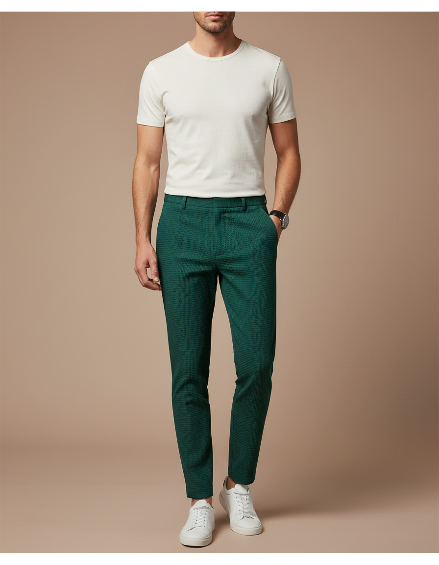 Pantalon Chino Vert Foncé Texturé Slim Élégant Homme - Coton