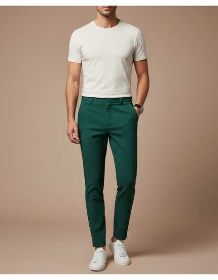 Pantalon Chino Vert Foncé Texturé Slim Élégant Homme - Coton