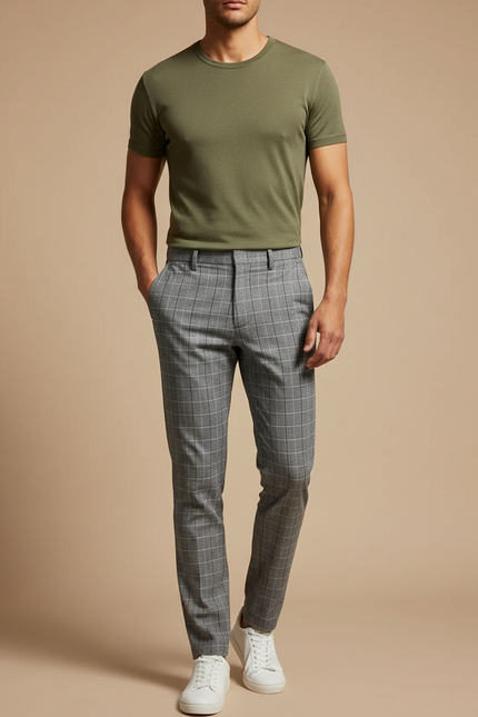 Pantalon Chino Carreaux Slim Gris Élégant Homme - Polyester