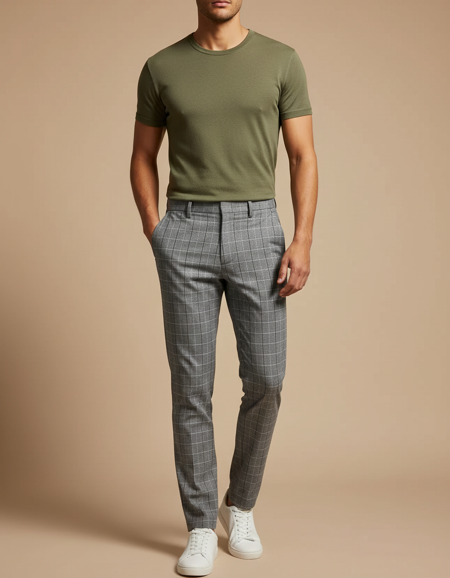 Pantalon Chino Carreaux Slim Gris Élégant Homme - Polyester