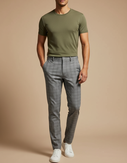 Pantalon Chino Carreaux Slim Gris Élégant Homme - Polyester