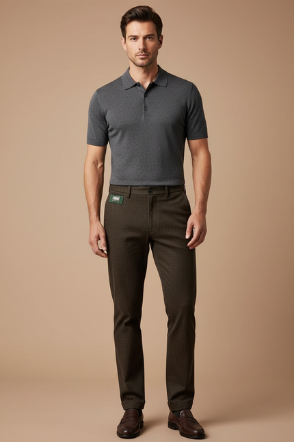 Pantalon Chino Marron Texturé Slim Élégant Homme - Coton