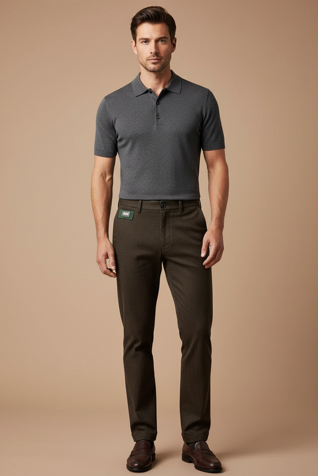 Pantalon Chino Marron Texturé Slim Élégant Homme - Coton