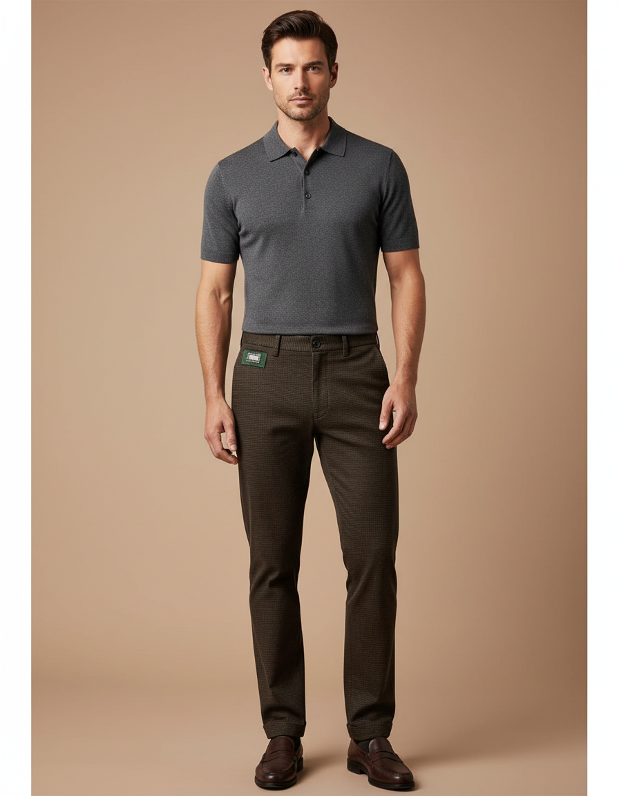 Pantalon Chino Marron Texturé Slim Élégant Homme - Coton