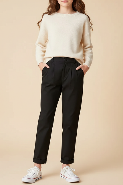 Pantalon Chino Noir Plissé Coupe Droite Fille - Gabardine