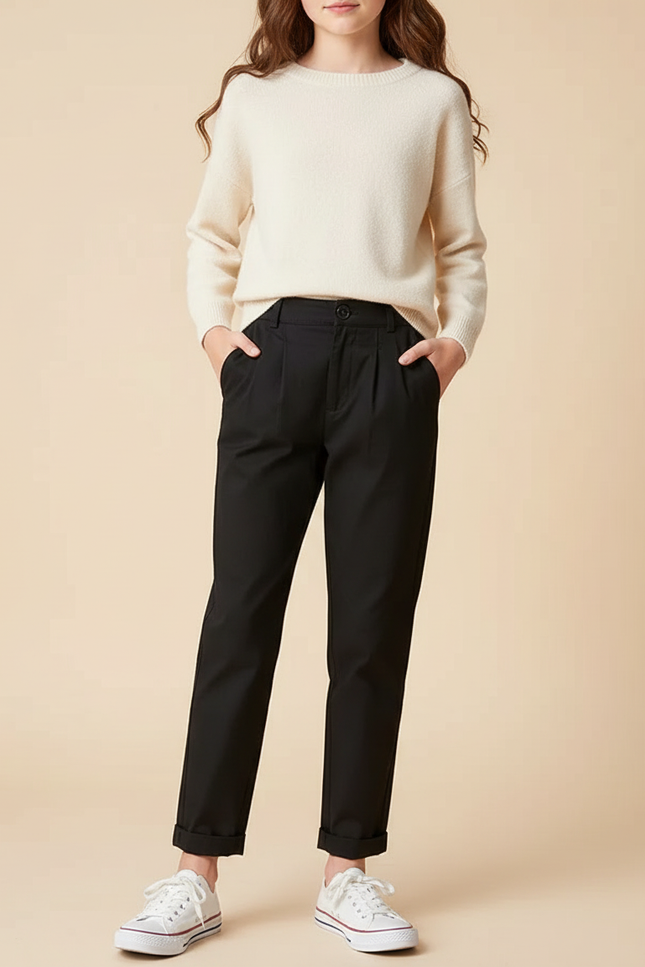 Pantalon Chino Noir Plissé Coupe Droite Fille - Gabardine