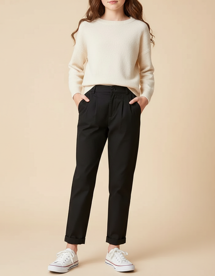 Pantalon Chino Noir Plissé Coupe Droite Fille - Gabardine
