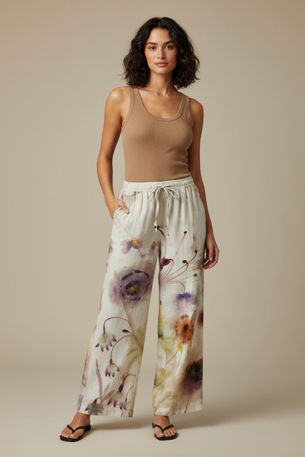 Pantalon Chino Large Fluide Imprimé Floral Beige Décontracté - Lin