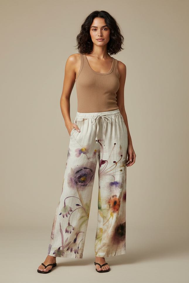 Pantalon Chino Large Fluide Imprimé Floral Beige Décontracté - Lin