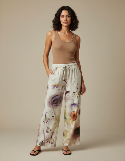 Pantalon Chino Large Fluide Imprimé Floral Beige Décontracté - Lin