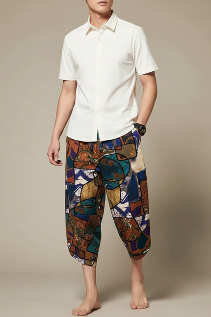Pantalon Chino Imprimé Ethnique Ample Lin Coton Homme - Multicolore
