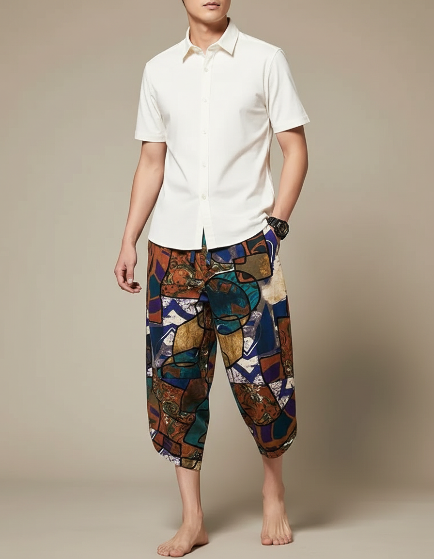 Pantalon Chino Imprimé Ethnique Ample Lin Coton Homme - Multicolore