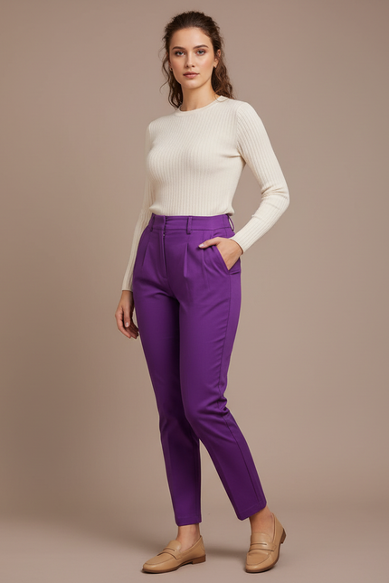 Pantalon Chino Violet Plissé Taille Haute Femme - Polyester