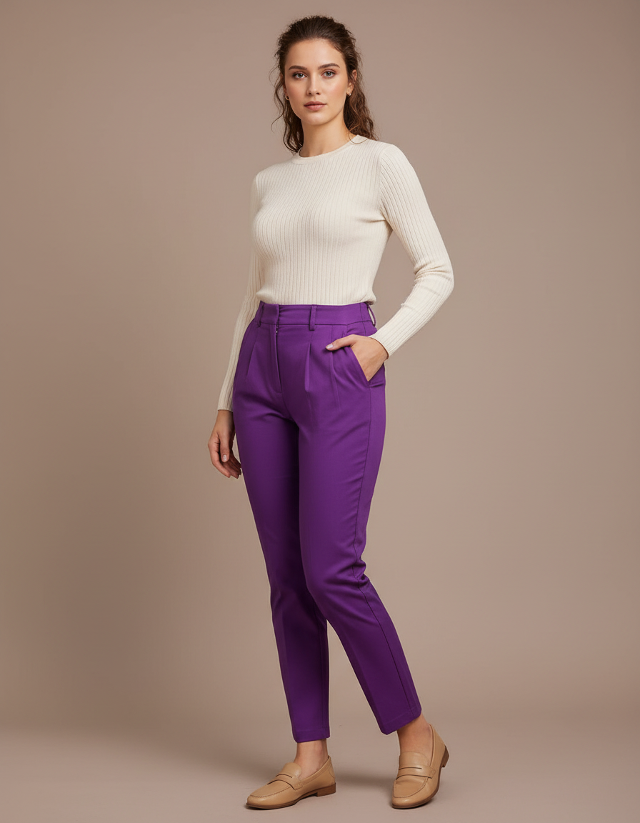Pantalon Chino Violet Plissé Taille Haute Femme - Polyester