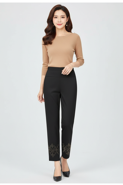 Pantalon Chino Noir Brodé Cheville Élégant Femme - Polyester