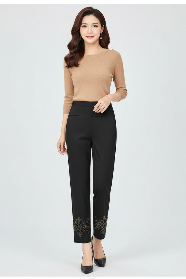 Pantalon Chino Noir Brodé Cheville Élégant Femme - Polyester