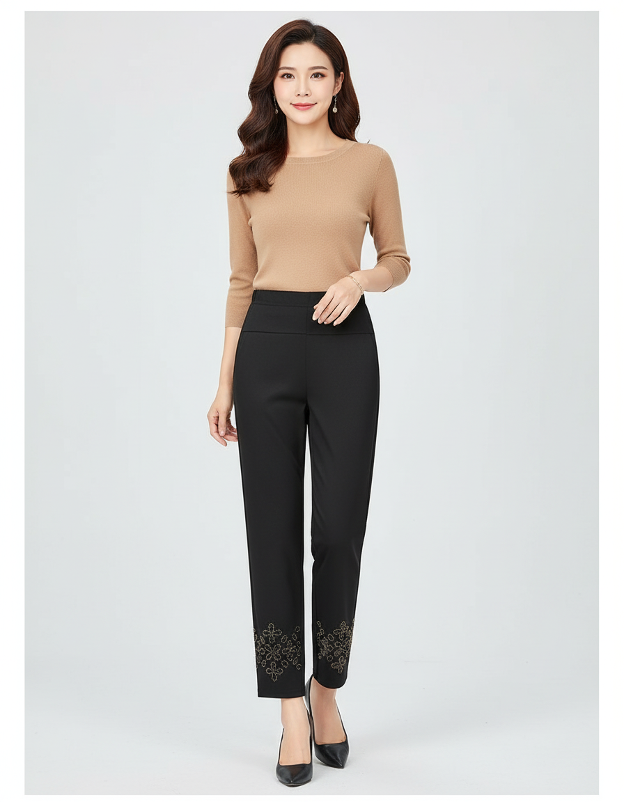 Pantalon Chino Noir Brodé Cheville Élégant Femme - Polyester