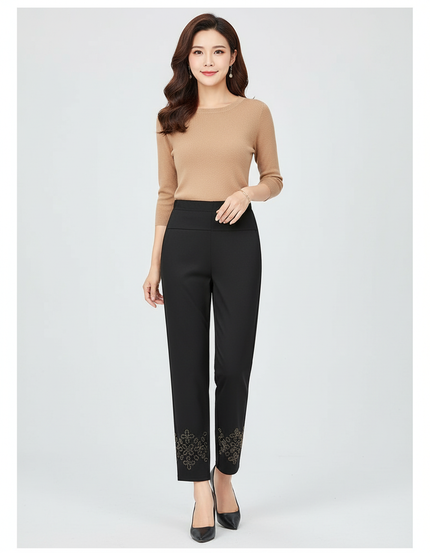 Pantalon Chino Noir Brodé Cheville Élégant Femme - Polyester