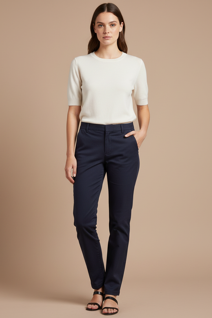 Pantalon Chino Bleu Marine Coupe Droite Femme Élégant - Gabardine