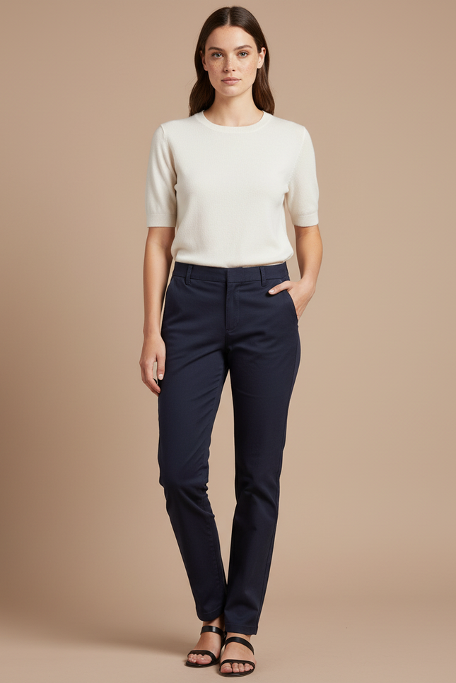 Pantalon Chino Bleu Marine Coupe Droite Femme Élégant - Gabardine