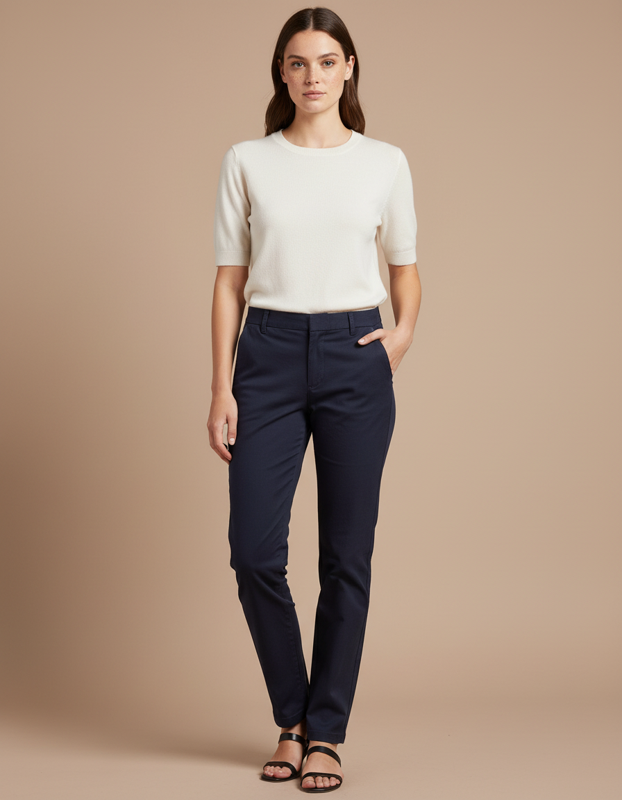 Pantalon Chino Bleu Marine Coupe Droite Femme Élégant - Gabardine