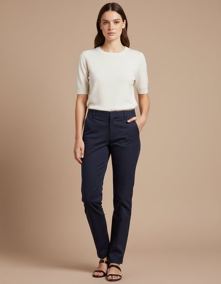 Pantalon Chino Bleu Marine Coupe Droite Femme Élégant - Gabardine