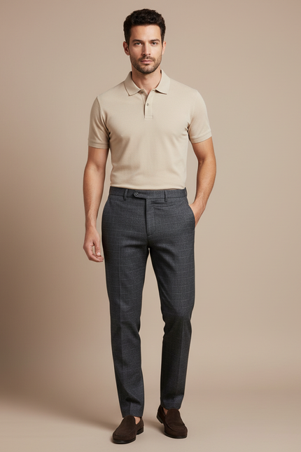 Pantalon Chino Gris Carreaux Slim Stretch Homme - Laine