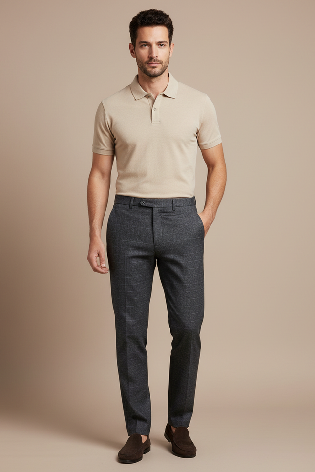 Pantalon Chino Gris Carreaux Slim Stretch Homme - Laine