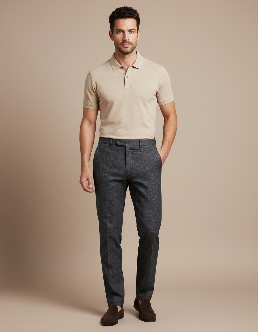 Pantalon Chino Gris Carreaux Slim Stretch Homme - Laine