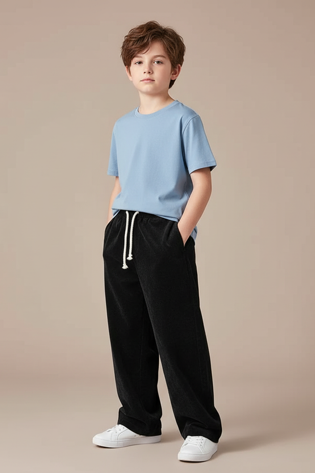 Pantalon Chino Garçon Noir Large - Cordé