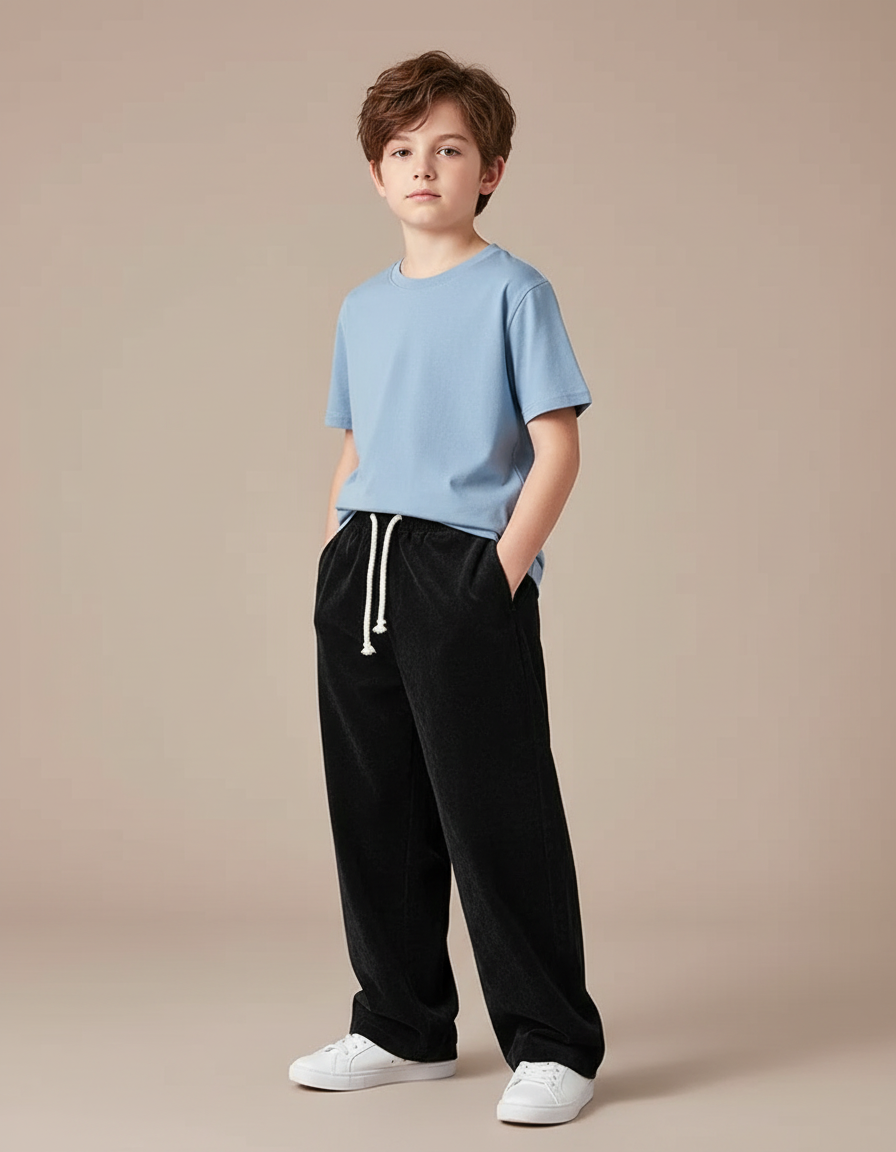 Pantalon Chino Garçon Noir Large - Cordé