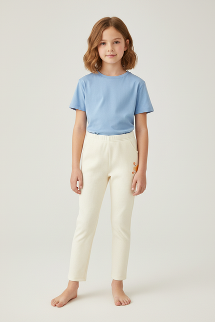 Pantalon Chino Enfant Côtelé Écru Brodé Confortable - Beige Cordé