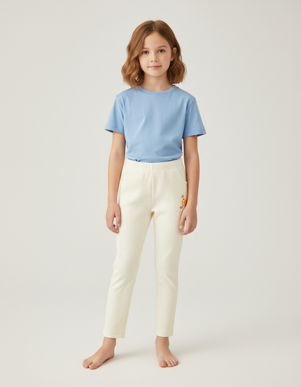Pantalon Chino Enfant Côtelé Écru Brodé Confortable - Beige Cordé