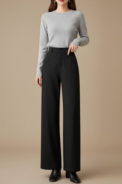 Pantalon Chino Noir Ample Taille Haute Fluide - Polyester