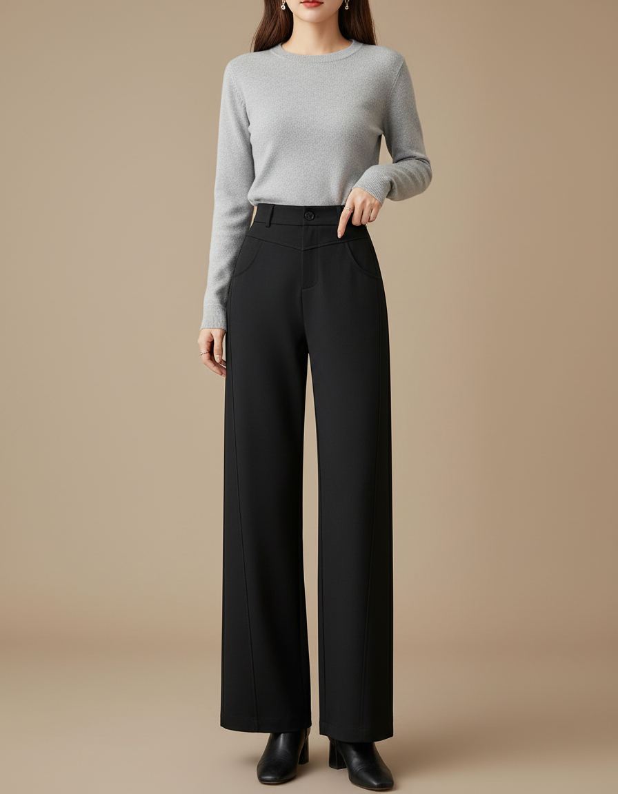 Pantalon Chino Noir Ample Taille Haute Fluide - Polyester