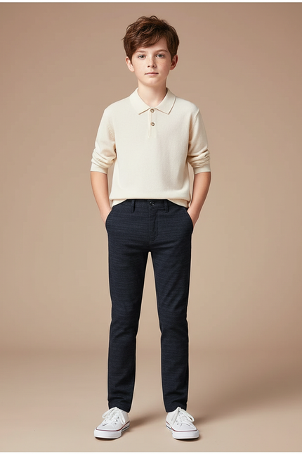 Pantalon Chino Bleu Marine Coton Slim Garçon Élégant