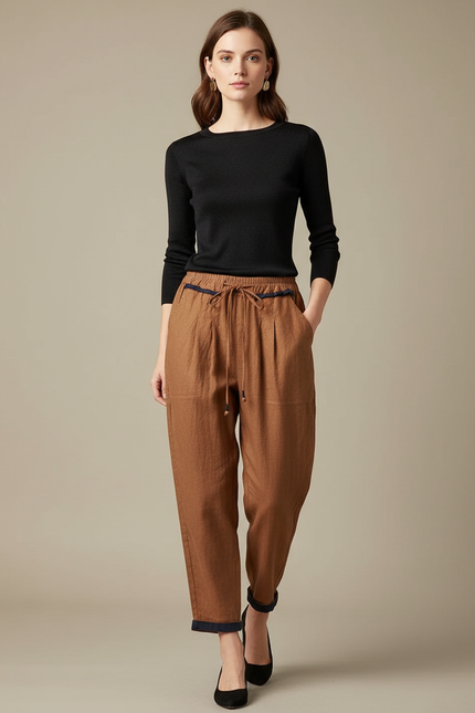 Pantalon Chino Marron Ample Lin Coton Décontracté
