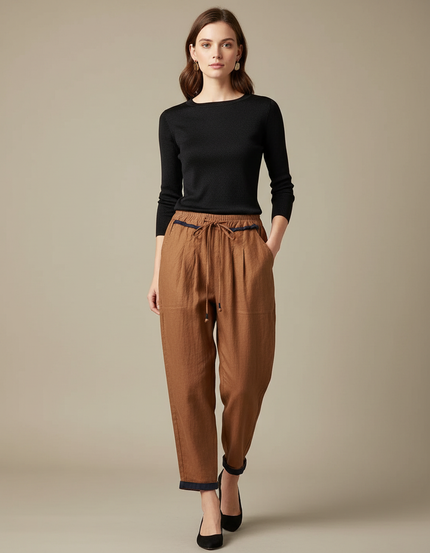 Pantalon Chino Marron Ample Lin Coton Décontracté