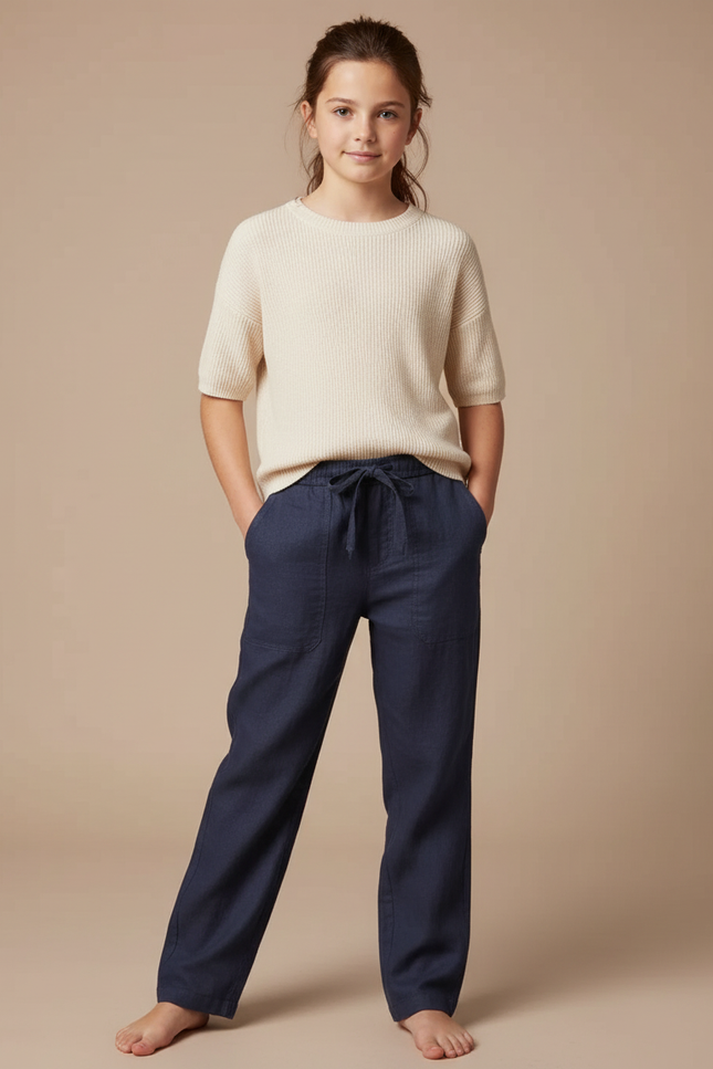 Pantalon Chino Bleu Marine Lin Décontracté Fille