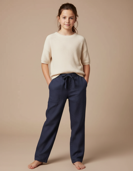 Pantalon Chino Bleu Marine Lin Décontracté Fille