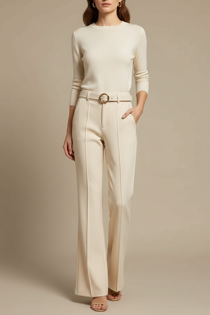 Pantalon Chino Beige Évasé Taille Haute Élégant - Gabardine