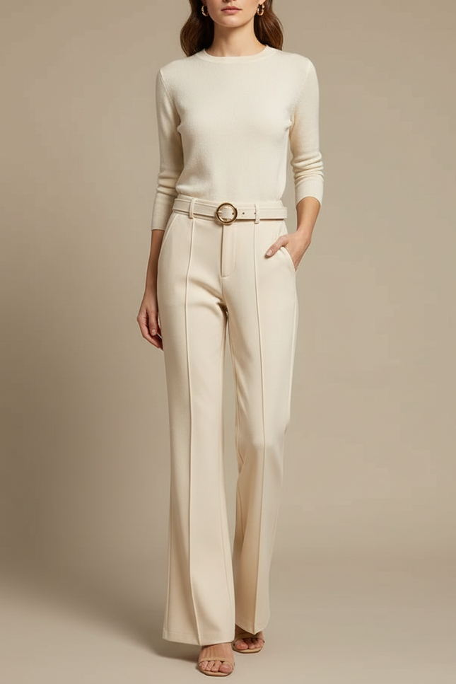 Pantalon Chino Beige Évasé Taille Haute Élégant - Gabardine