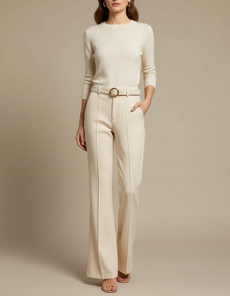 Pantalon Chino Beige Évasé Taille Haute Élégant - Gabardine