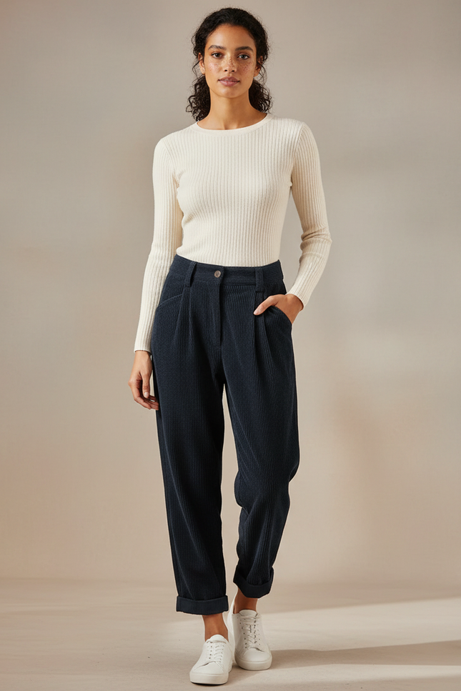 Pantalon Chino Côtelé Bleu Marine Ample Décontracté Femme - Cordé